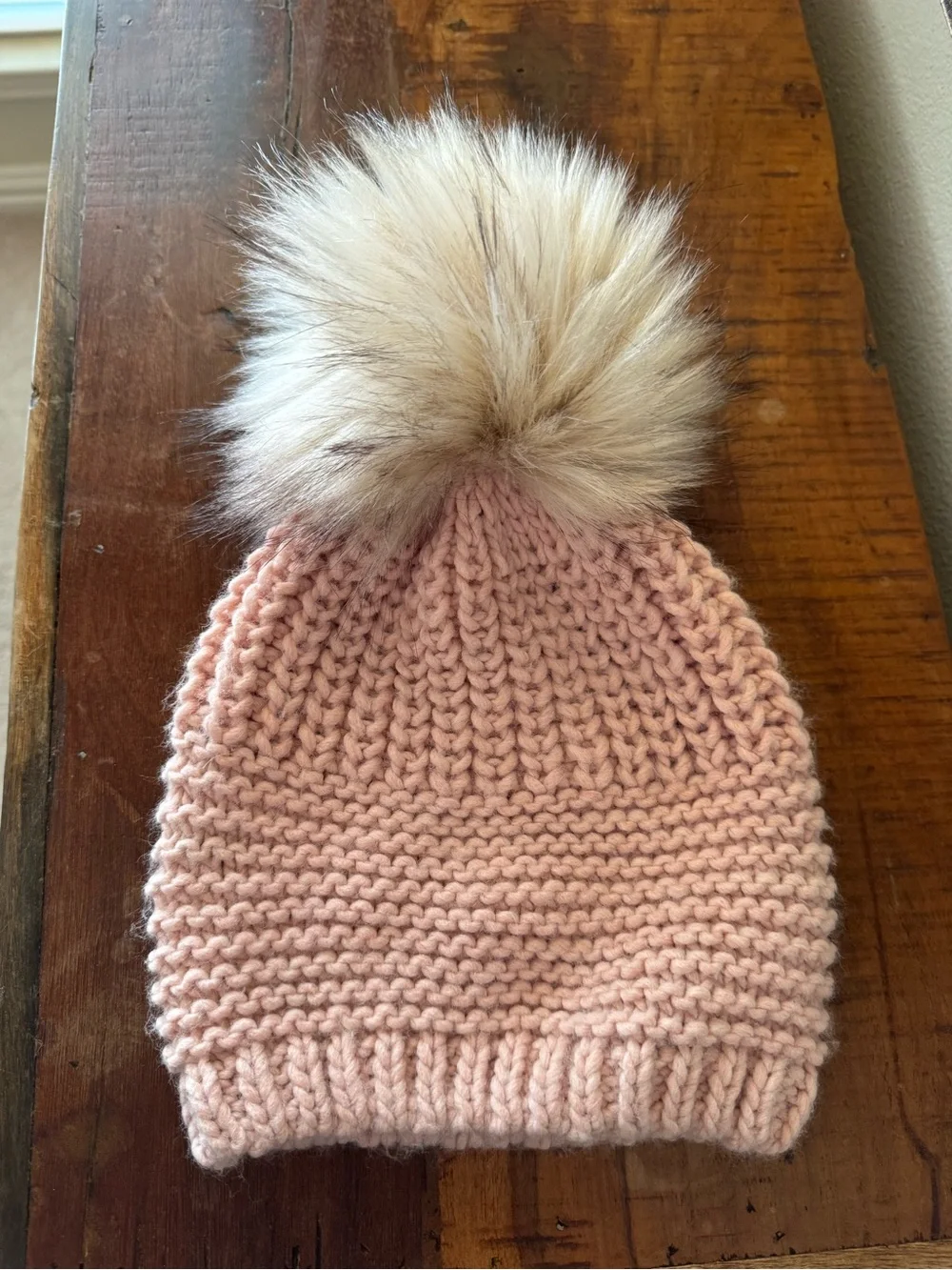 Blush Pink Italian Chunky Knit Beanie with Fur Pom